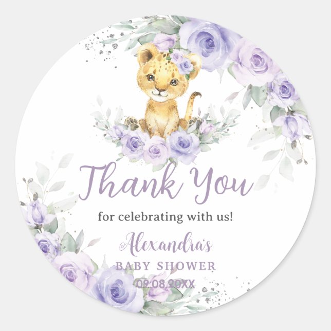 Sticker Rond Lavande Purple Floral Lion Cub Baby shower (Devant)
