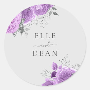 Sticker Rond Lavande Purple & Silver Floral Mariage élégant
