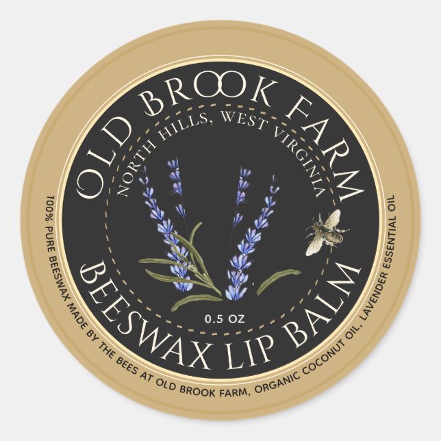 Sticker Rond Lavender Beeswax Lip Balm Or noir avec abeille (Devant)