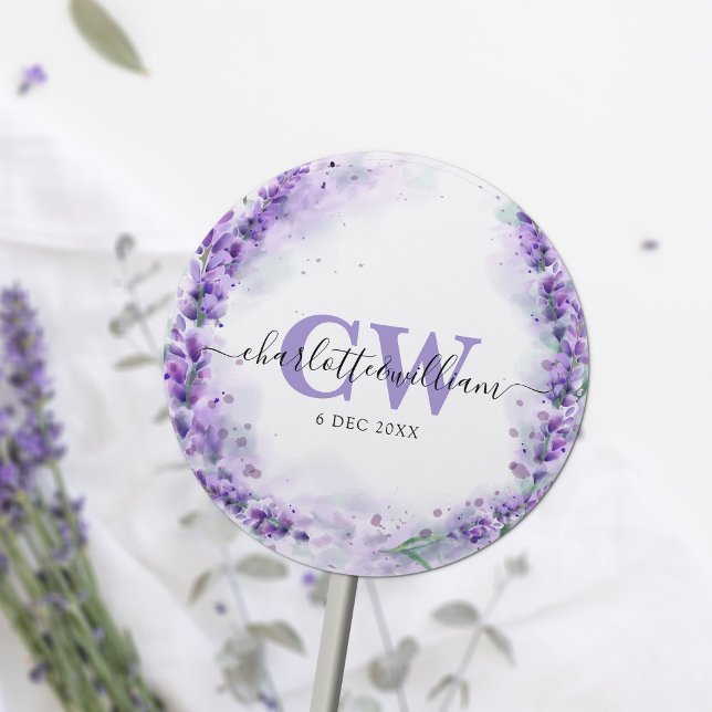 Sticker Rond Lavender Elegant Aquarelle Monogram Mariage (Créateur téléchargé)