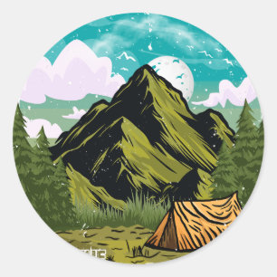Sticker Rond L'aventure attend, heureux camping vacances en ple