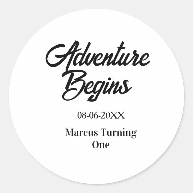 Sticker Rond L'aventure commence 1er anniversaire nom date simp (Devant)