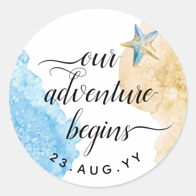 Sticker Rond L'aventure commence aquarelle Côte Plage Mariage (Devant)