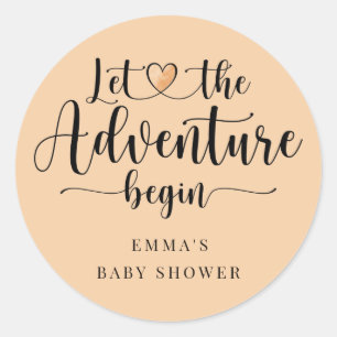 Sticker Rond L'aventure commence Baby shower Coeur rose