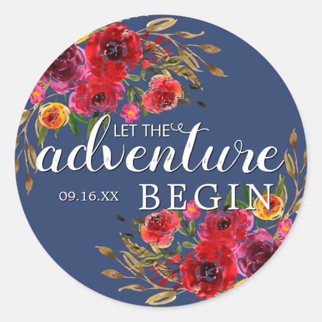 Sticker Rond L'aventure commence Floral avec Date (Devant)