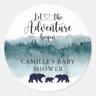 Sticker Rond L'aventure commence Montagnes Ours Baby shower