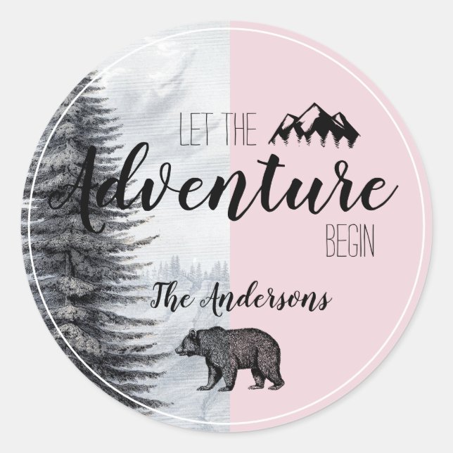 Sticker Rond L'aventure Commence Ours Rose Baby Shower (Devant)