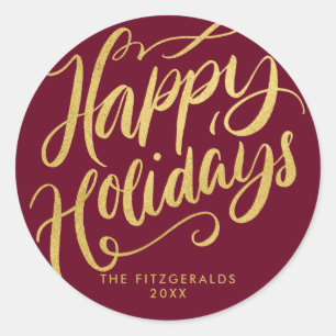 Sticker Rond Lavish Script Happy Holidays Rouge & Faux Gold