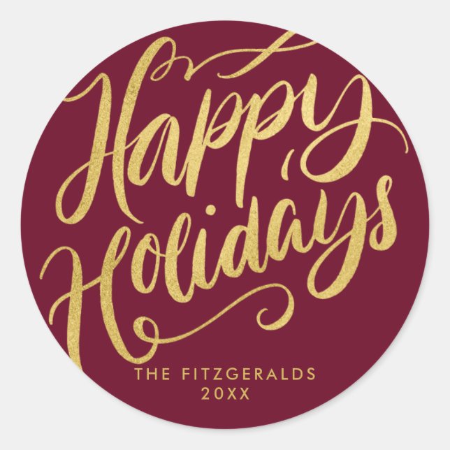 Sticker Rond Lavish Script Happy Holidays Rouge & Faux Gold (Devant)