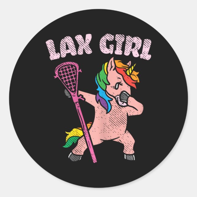 Sticker Rond Lax Girl Unicorn mignonne animal Lacrosse Joueur (Devant)