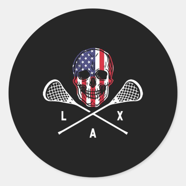 Sticker Rond Lax Skeleton Us Drapeau Lax Lacrosse Lecteur Lacro (Devant)