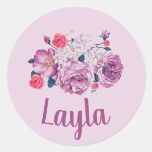 Sticker Rond Layla Nom Floral Fleur Vintage Rose Fille 