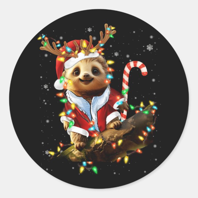 Sticker Rond Lazy Sloth Lover Xmas Sloth Reindeer Light Joyeux  (Devant)