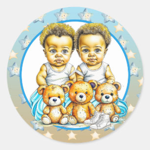 Sticker Rond Le Baby shower bleu du jumeau afro-américain
