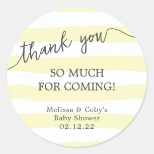 Sticker Rond Le baby shower de rayures de jaune vous remercient