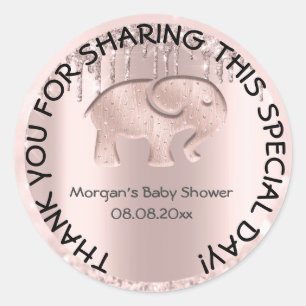 Sticker Rond Le Baby shower éléphant favorise le Rose Merci