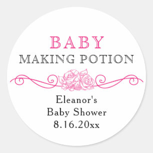 Sticker Rond Le bébé fait de la potion Baby shower rose préf