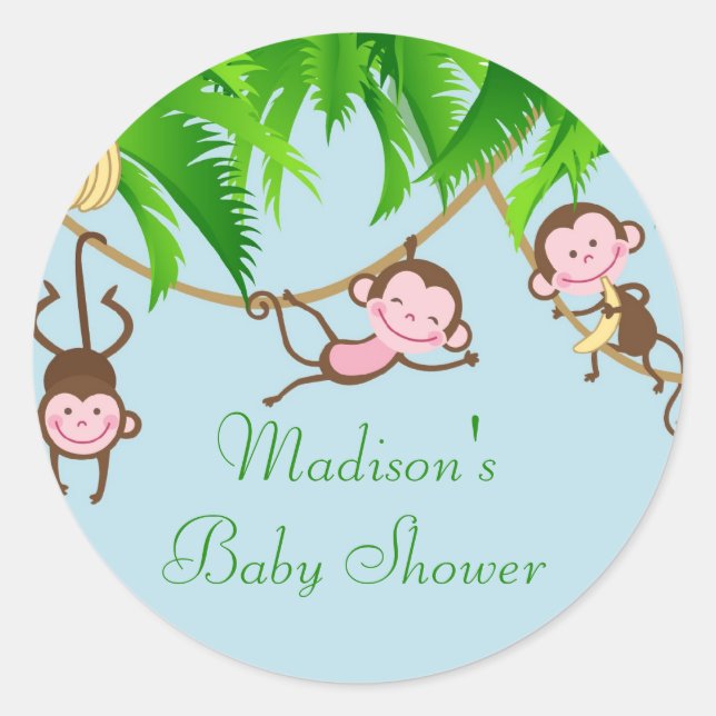 Sticker Rond Le bébé Monkeys l'autocollant de baby shower (Devant)