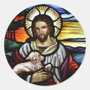 Sticker Rond Le Bon Berger ; Jésus sur un vitrail