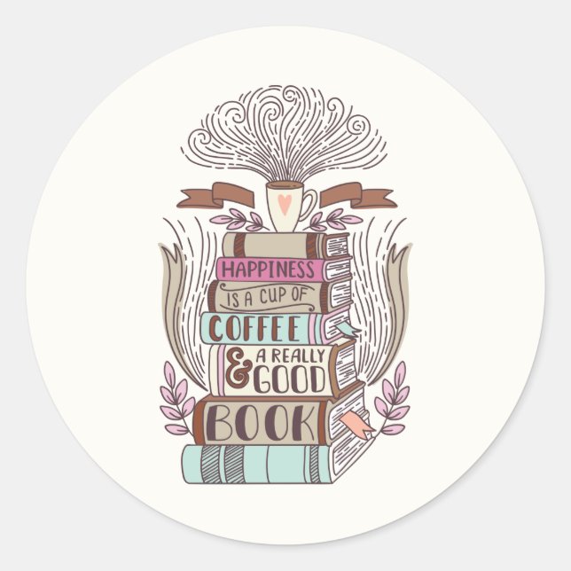 Sticker Rond Le bonheur c'est le café et les livres (Devant)