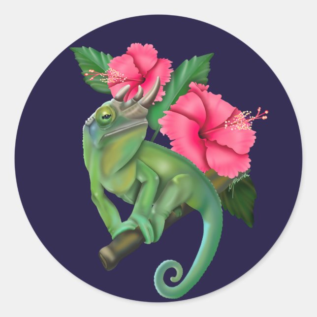 Sticker Rond Le caméléon de Jackson avec Hibiscus (Devant)