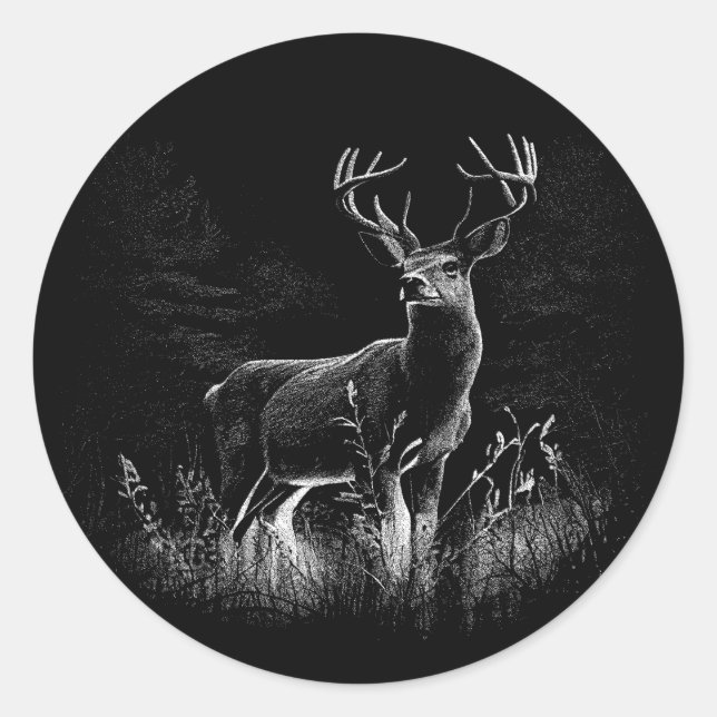 Sticker Rond Le cerf majestueux en pleine nature - Art noir et  (Devant)