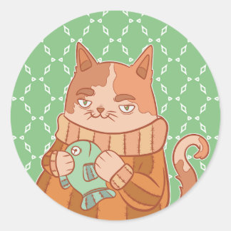 Sticker Rond Le Chat et Poisson