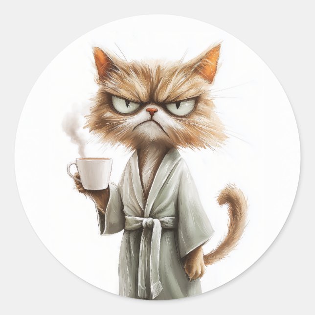Sticker Rond Le chat Grumpy a besoin de café (Devant)