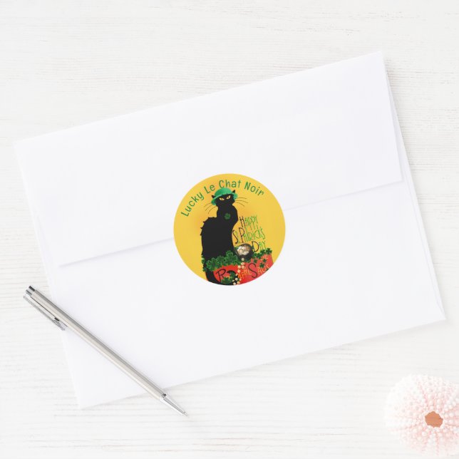 Sticker Rond Le Chat Noir Clover St. Patrick's Day (Enveloppe)