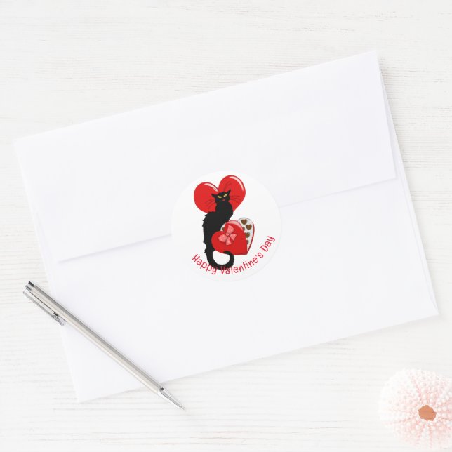 Sticker Rond Le Chat Noir Heart Candy Valentine's Day  (Enveloppe)