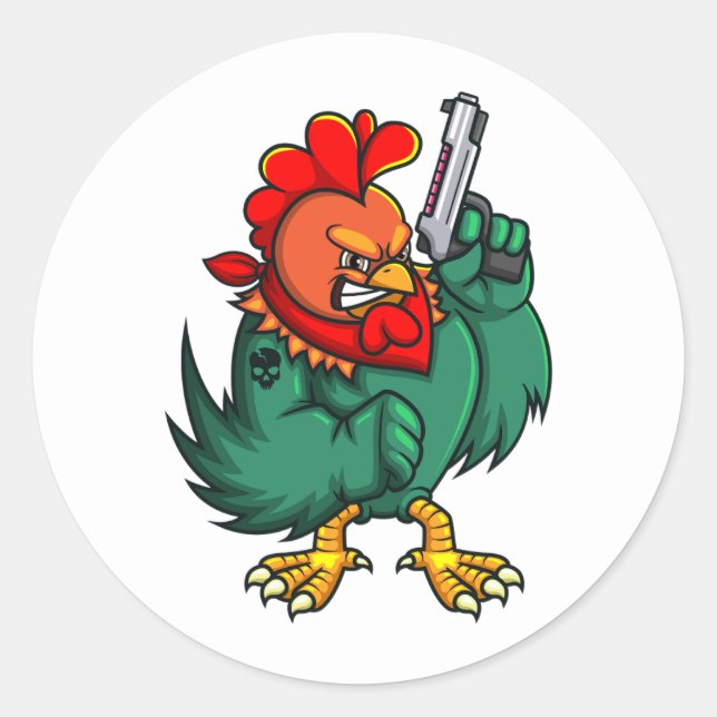 Sticker Rond le coq en colère tenant l'arme (Devant)