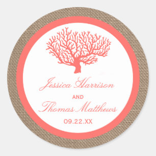 Sticker Rond Le Corail Sur Burlap Boho Beach Wedding Collection