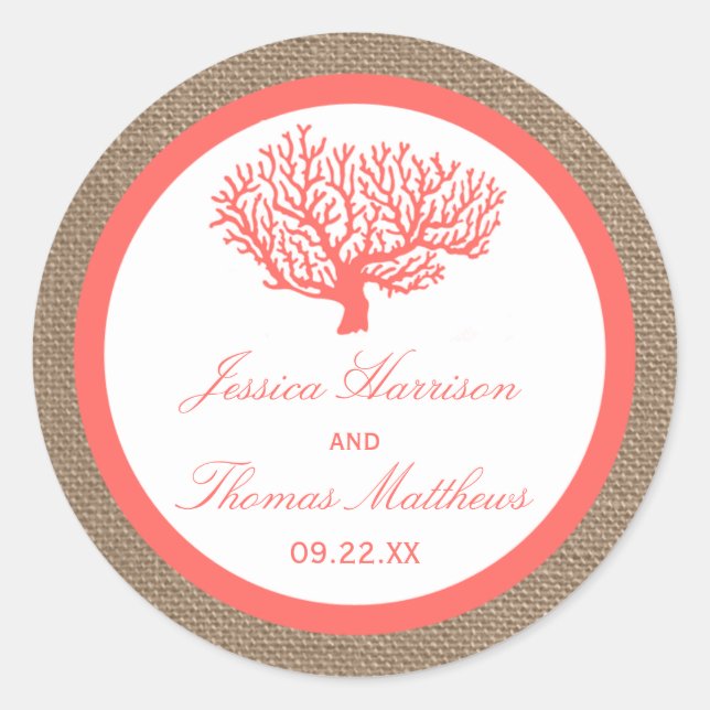 Sticker Rond Le Corail Sur Burlap Boho Beach Wedding Collection (Devant)