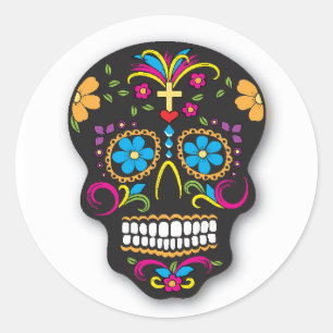 Sticker Rond Le crâne de sucre mexicain de Neon noir Jour des m
