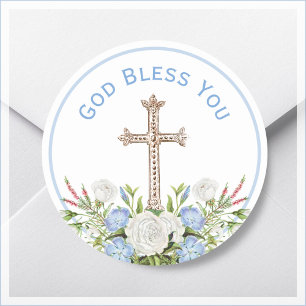 Sticker Rond Le Dieu Floral Bleu Vous Bénit Religieux
