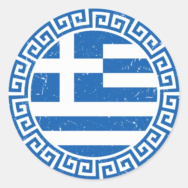 Sticker Rond Le Drapeau De La Grèce Avec Un Motif Clé Grec Dist (Devant)