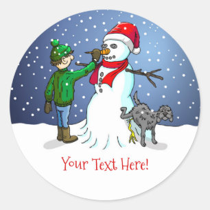 Sticker Rond Le garçon fait un bonhomme de neige merveilleux