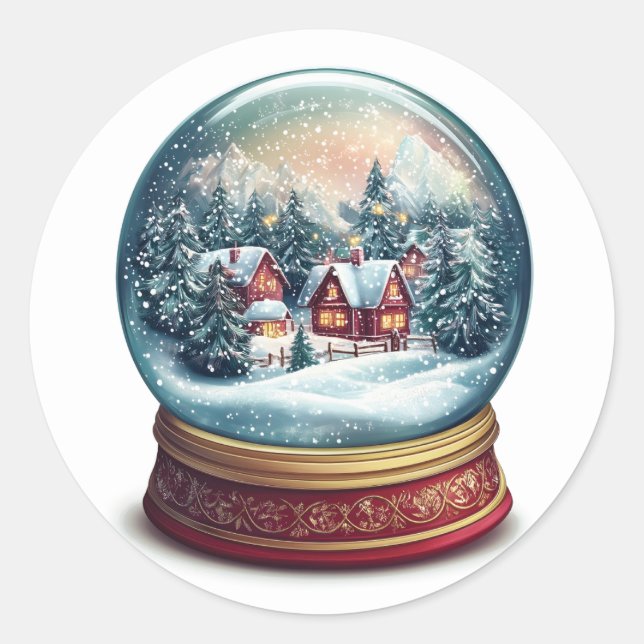 Sticker Rond Le globe de neige de Noël avec un design de villag (Devant)