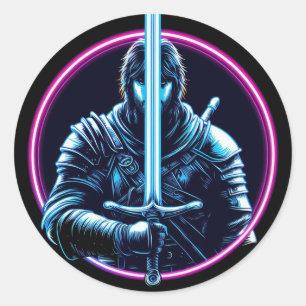Sticker Rond le guerrier neon sword fighter vin
