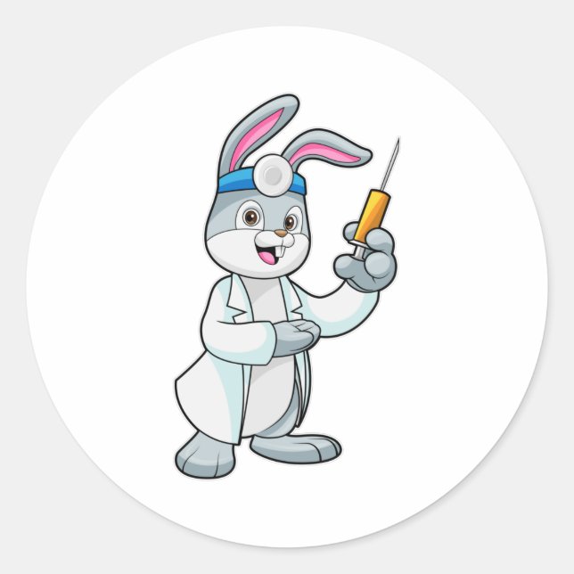 Sticker Rond Le lapin comme docteur à la vaccination avec la se (Devant)