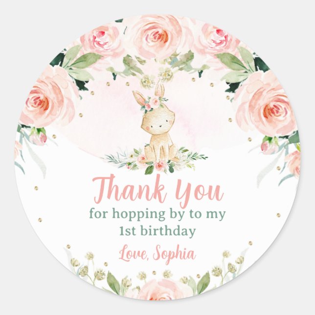 Sticker Rond Le lapin floral rose est un lapin d'anniversaire (Devant)