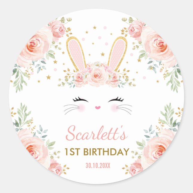 Sticker Rond Le lapin Girly mignon rougissent partie florale (Devant)