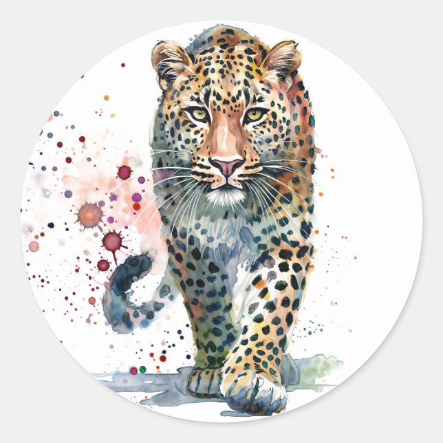 Sticker Rond Le Léopard Marchant Aquarelle (Devant)