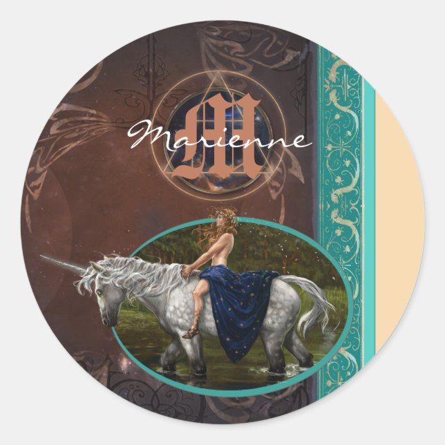 Sticker Rond Le livre de l'alchimiste et la licorne de l'imagin (Devant)