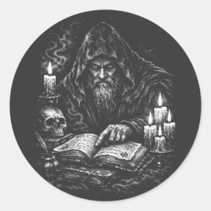 Sticker Rond Le Magicien Étudiant le Grimoire — par BurnsInHell