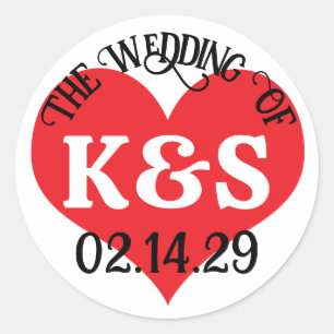 Sticker Rond LE MARIAGE DE Vos Initiales & Date Avec Cœur Rouge