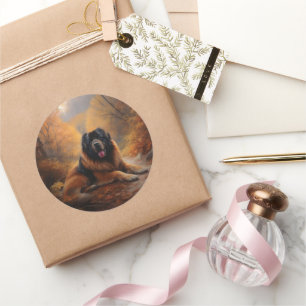 Sticker Rond Le Mastiff tibétain en automne les feuilles automn