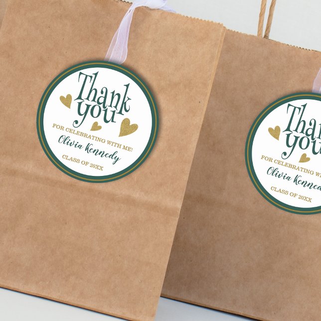 Sticker Rond Le Merci du Parti Vert Et Or De La Graduation Priv (Green And Gold Graduation Party Thank You Favor Classic Round Sticker
)