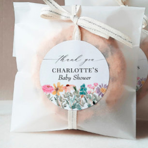 Sticker Rond Le Merci du petit Baby shower Fleur sauvage est fa