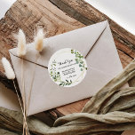 Sticker Rond Le Merci Feuille vert tropical est favorable<br><div class="desc">Ces feuilles verts tropicaux vous remercient pour les stickers ronds classiques sont parfaits pour un mariage de destination. Le design présente de beaux feuilles verts peints à la main,  ornant un cadre géométrique doré.</div>